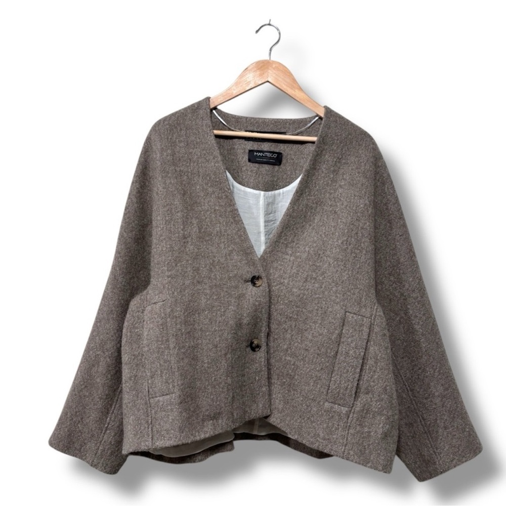 Zara Manteco Italian Wool Taupe Brown Oversized Crop Jacket Size Medium - Picture 4 of 9